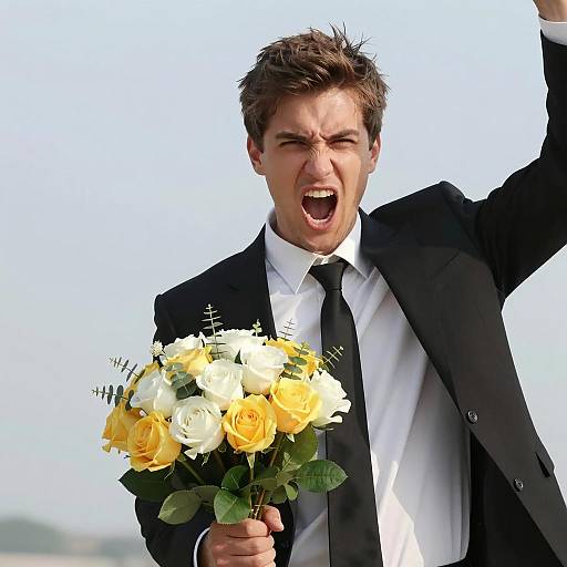 Man in Suit Holding Yellow and White Roses