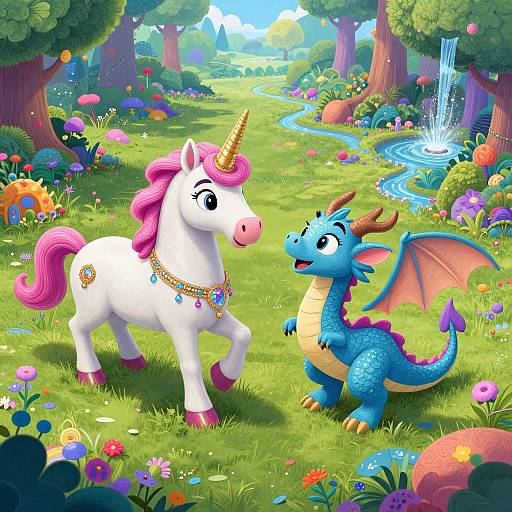 Vibrant digital illustration of a white unicorn with pink mane and golden horn, wearing colorful jewelry, and a blue dragon with pink wings, standing in