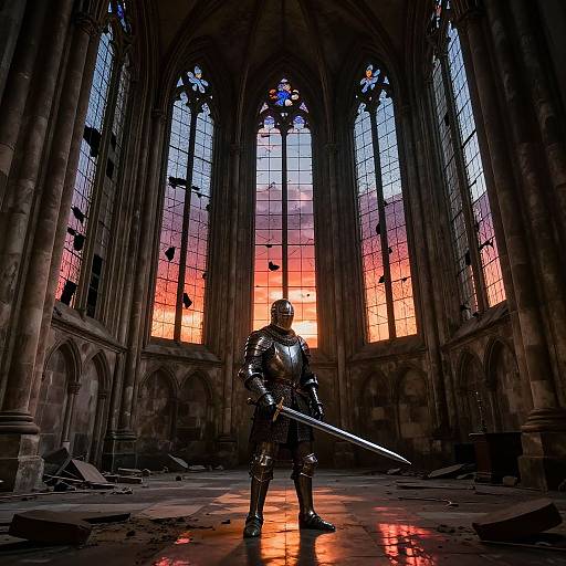 Photorealistic digital art: armored knight with sword, standing in dim cathedral, backlit by vibrant orange and purple sunset through tall stained glass windows,