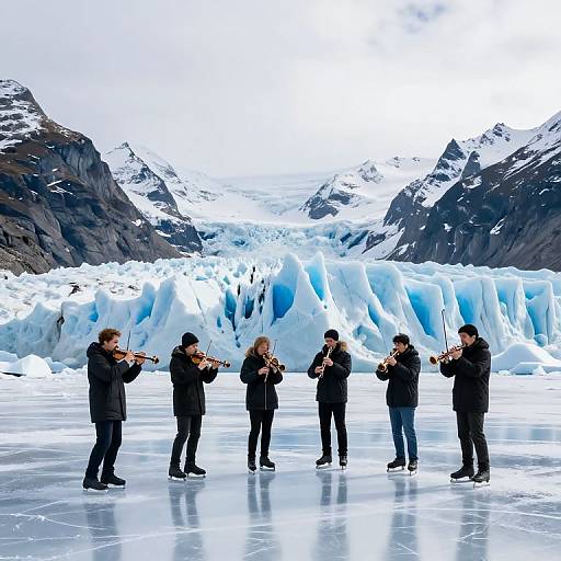 Photograph of six musicians playing violins in black winter clothing, standing on a glossy ice surface, with towering blue glaciers and snow-capped mountains in