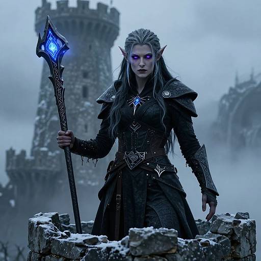 Digital fantasy artwork: Blue-eyed, silver-haired elf warrior with glowing staff, wearing dark armor, standing on snowy castle ruins, misty background.
