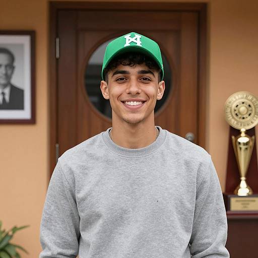 Young Man Smiling by Wooden Door