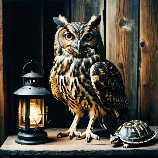 Surreal Owl with Turtle Shell and Lantern