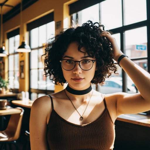 Young woman with curly hair and glasses in cafe