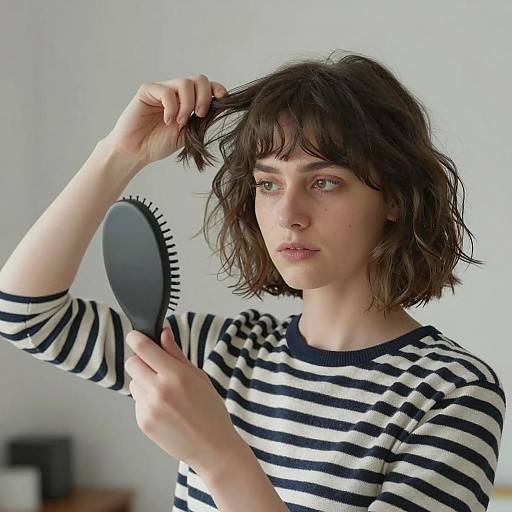 Woman Adjusting Hair with Hairbrush