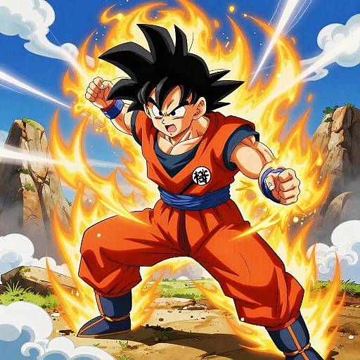 Digital anime artwork of Super Saiyan Son Goku, surrounded by bright orange flames, standing in a rocky, grassy landscape under a blue sky with white