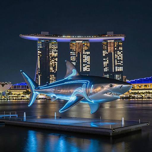 Neon Shark Sculpture at Marina Bay Sands Night