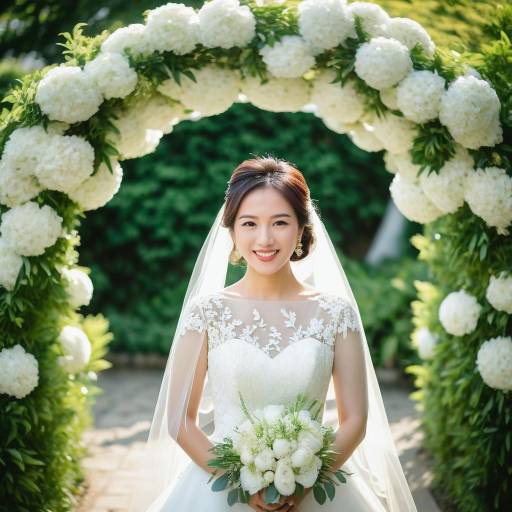 Smiling Bride in White Wedding Dress with Floral Arch
