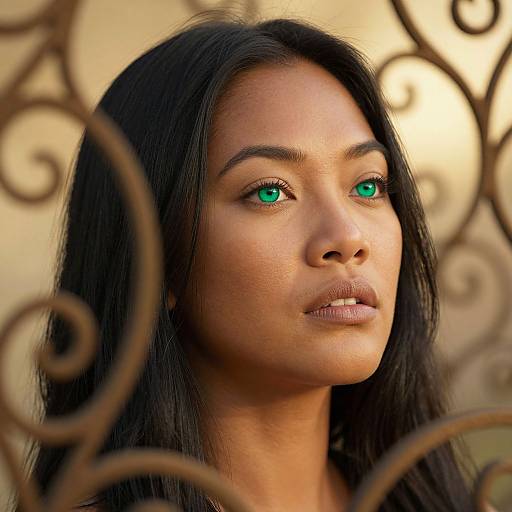 Photograph of a beautiful Black woman with long black hair, green eyes, and smooth brown skin, gazing slightly to the right, with ornate