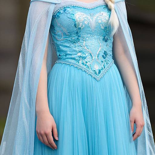 Photograph of a woman wearing an elegant, light blue, lace-embellished, off-the-shoulder dress with a sheer, flowing cape