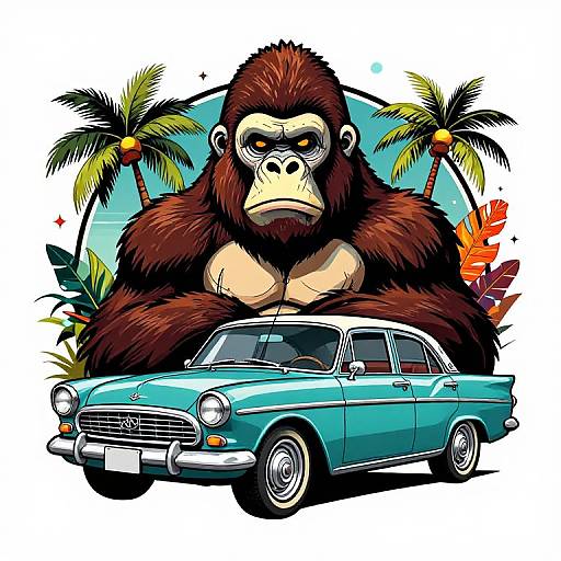 Digital illustration of a muscular, brown-furred gorilla sitting behind the wheel of a turquoise classic car, with palm trees and colorful leaves in the background