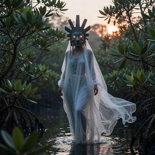 Ethereal Figure in Mangrove Swamp at Dawn