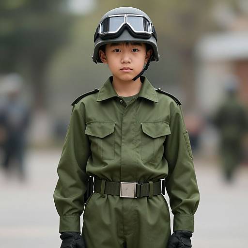 Photograph of an Asian boy in a green military uniform, black helmet with goggles, and black gloves, standing confidently on a blurred urban street.