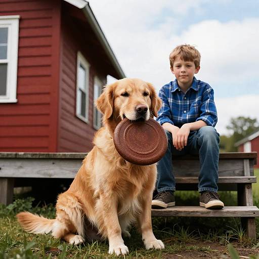 Boy and Golden Retriever on Steps
