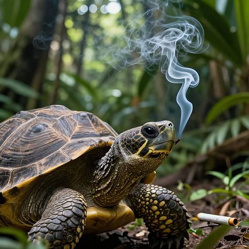 Photograph of a turtle smoking a cigarette in a lush, green forest, with visible blue smoke curling upwards. Realistic, detailed, surreal.