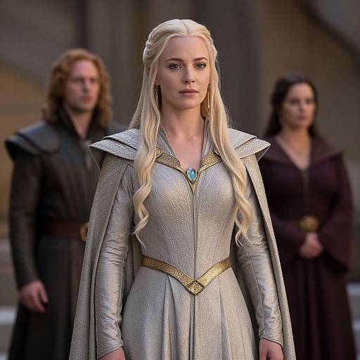 Photograph of a blonde woman with long braids in a silver medieval-style dress with gold trim, blue pendant, standing in front of two blurred figures
