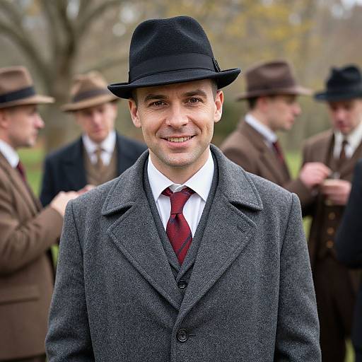 Photograph of a smiling man in a black fedora, gray three-piece suit, red tie, standing among four men in brown suits and hats outdoors