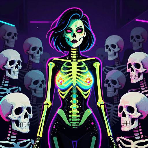 Neon-lit digital artwork of a skeletal woman with glowing pink hair, colorful ribcage, and breasts, surrounded by white skulls in a dark