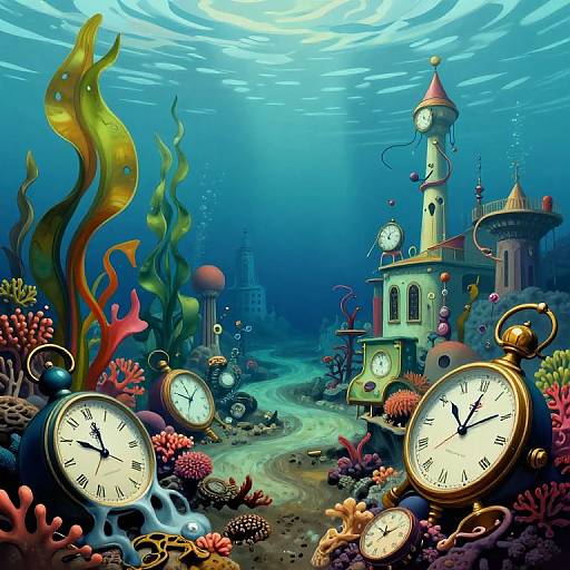 Underwater fantasy scene with six floating clocks, colorful coral, seaweed, and a whimsical castle with a clock tower, illuminated by sunlight.