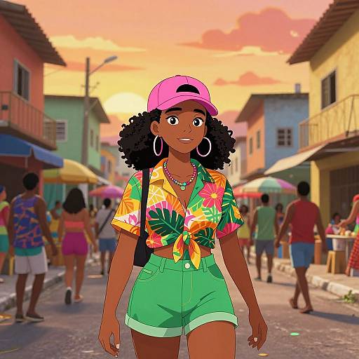 Digital illustration of a confident Black woman with curly hair, wearing a pink cap, vibrant floral shirt, green shorts, and hoop earrings, walking through a