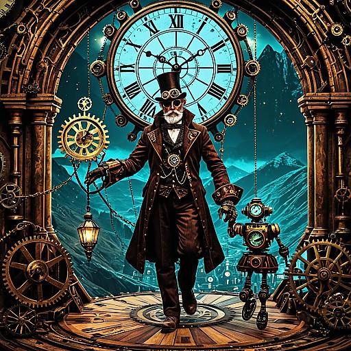 Enigmatic Steampunk Puppeteer in Surreal Landscape