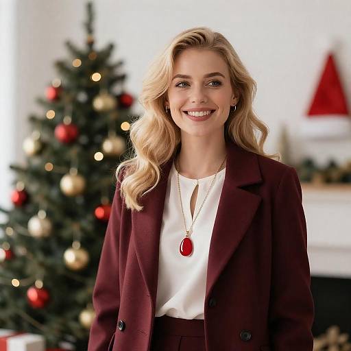 Smiling Blonde Woman in Festive Room