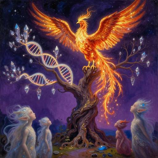 Digital fantasy artwork: Vibrant phoenix with fiery wings perched on twisted tree, surrounded by glowing DNA double helix branches, under starry purple night