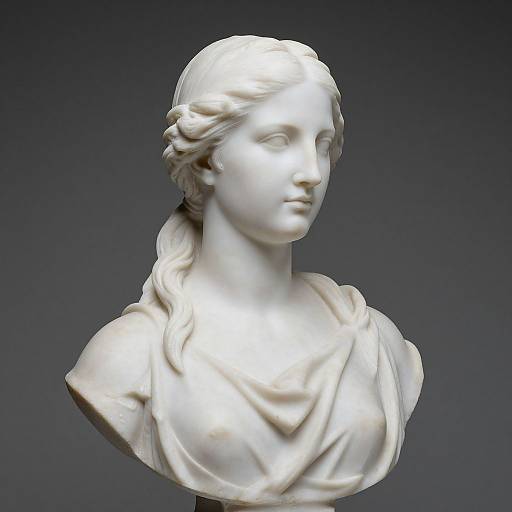 Photograph of a classical white marble bust of a serene woman with wavy hair, draped in a toga, against a dark gradient background.