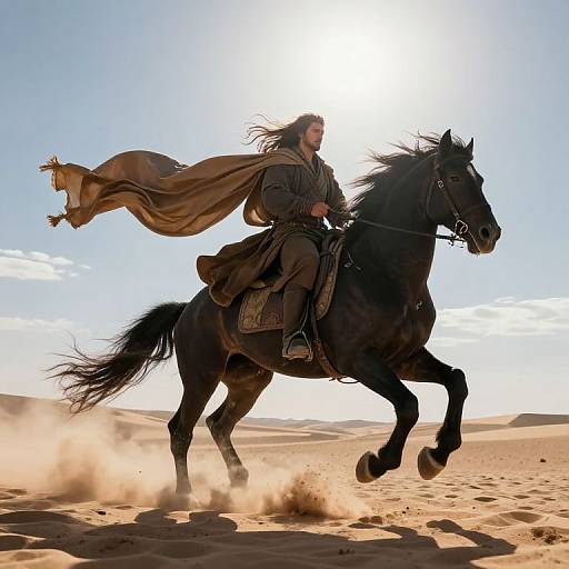 Photograph of a bearded man with flowing brown hair, wearing a billowing brown cape, riding a galloping black horse across a sandy desert
