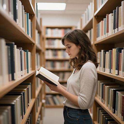 Photograph of a young woman with shoulder-length brown hair, wearing a white sweater and blue jeans, reading a book in a library aisle with wooden shelves