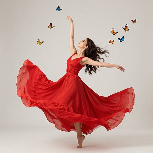 Photograph of a graceful woman in a flowing red dress, barefoot, dancing with an arm raised, surrounded by colorful butterflies on a white background.