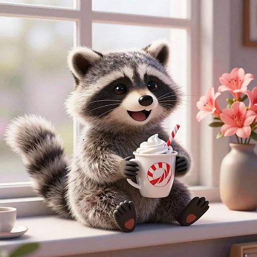 Cute CGI raccoon with fluffy gray fur, holding a red-striped mug with whipped cream, sitting on a sunlit window sill with pink flowers.