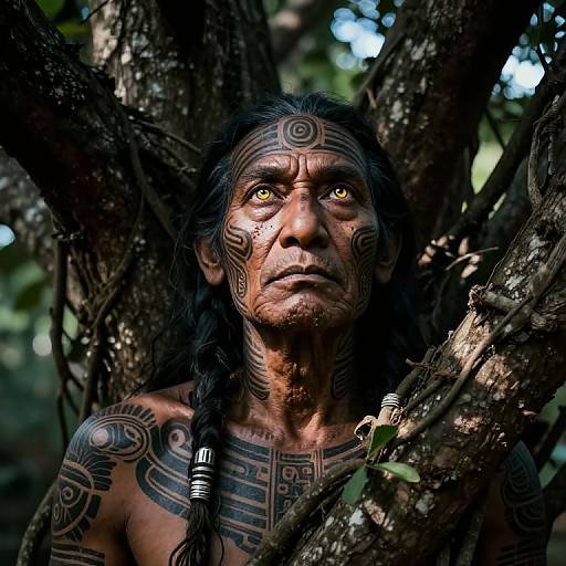 Photograph of a Native American man with dark, intricate body and face tattoos, glowing yellow eyes, long black hair, standing amidst trees in a forest