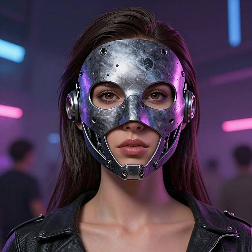 Photorealistic CGI image of a woman with long black hair wearing a metallic, futuristic mask with circular eye holes, in a neon-lit, blurred