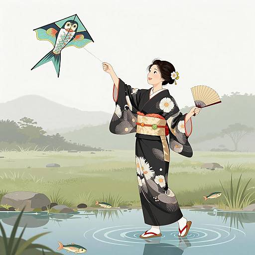 Graceful Woman in Kimono Flying a Kite