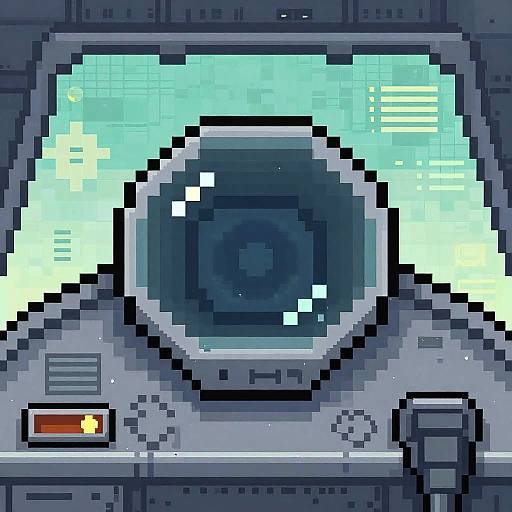 Pixel art of a futuristic, metallic spaceship cockpit with a large, glowing cyan circular lens in the center, bordered by blue and gray panels.