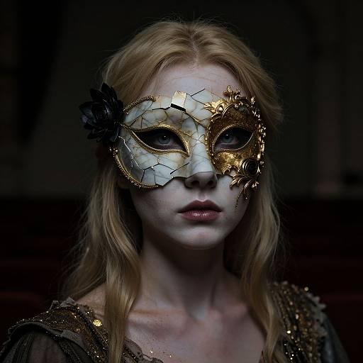 Photograph of a pale-skinned woman with red hair, wearing an ornate gold and black masquerade mask, dark background.