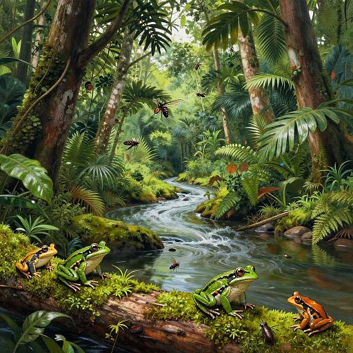 Vibrant digital painting of a lush jungle with a flowing stream, green frogs, orange frogs, ferns, and butterflies among tall trees.