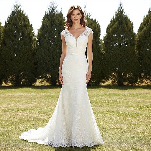 Photograph of a brunette woman in a white lace wedding dress with a V-neck and short sleeves, standing on grass with tall evergreen trees in the