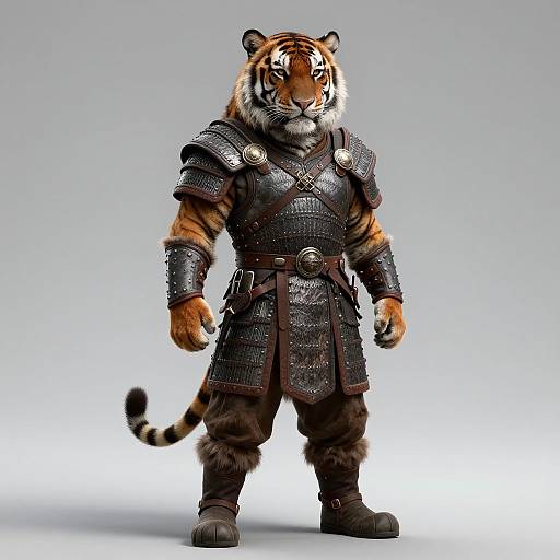CGI image of a muscular anthropomorphic tiger in detailed, black metal armor with brown leather straps, standing confidently against a gradient gray background.
