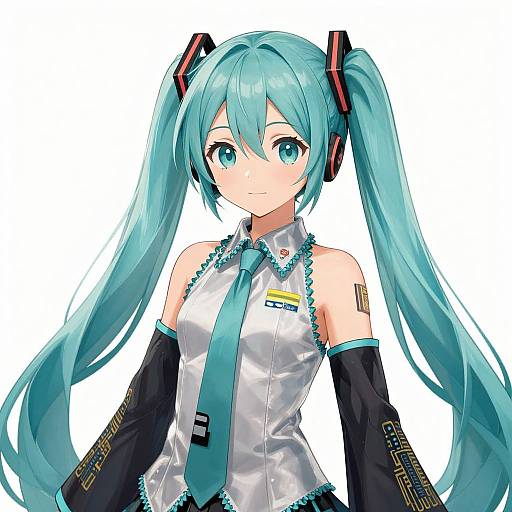 Digital anime-style drawing of Hatsune Miku: turquoise twin-tailed hair, silver sleeveless top with turquoise tie, black arm sleeves, and white