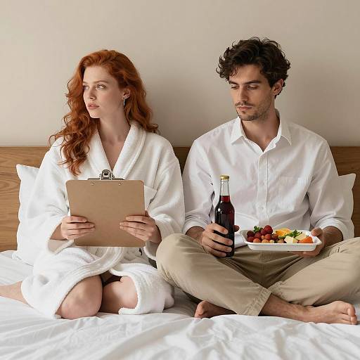 Cozy Bed Scene with Food and Talk