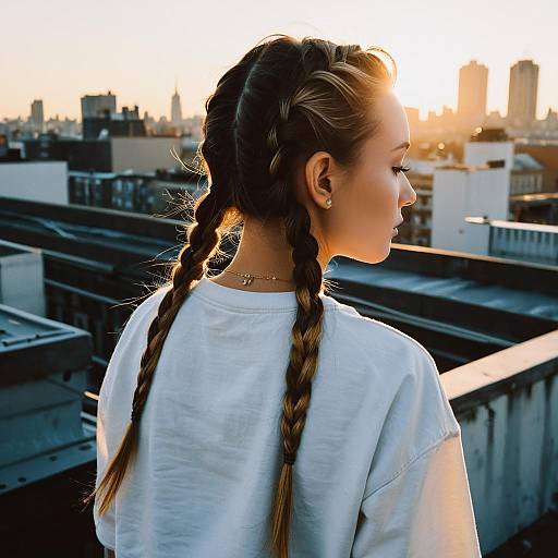 Young Woman with French Braids on Rooftop at Sunset