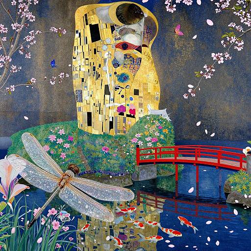 Digital artwork of a vibrant, surreal scene: a glowing, mosaic building beside a pond with a red bridge, dragonfly, and koi fish,