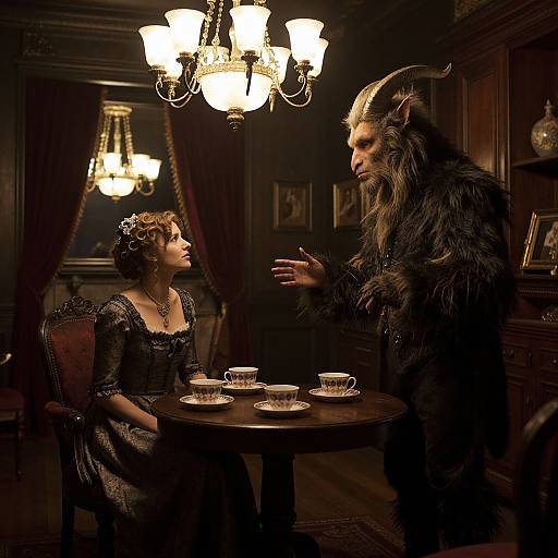 Photograph of a dark, Victorian-style room with a chandelier, where a woman in an elaborate dress and a horned, furry creature in a
