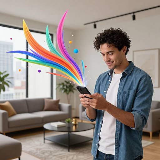 Photograph of a curly-haired man in a denim shirt and white tee, smiling while holding a phone, with a colorful, rainbow-like digital effect eman
