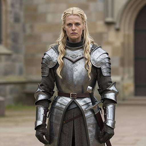 Woman in Medieval Armor in Stone Courtyard