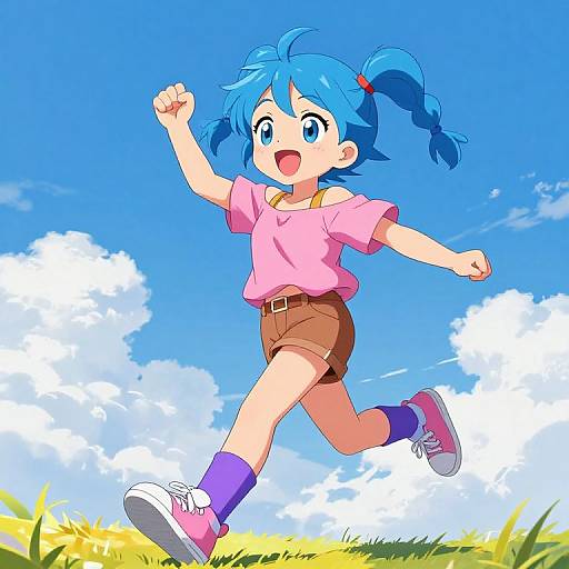 Anime-style digital drawing of a blue-haired girl with pigtails, pink shirt, brown shorts, purple socks, pink shoes, running joyfully in