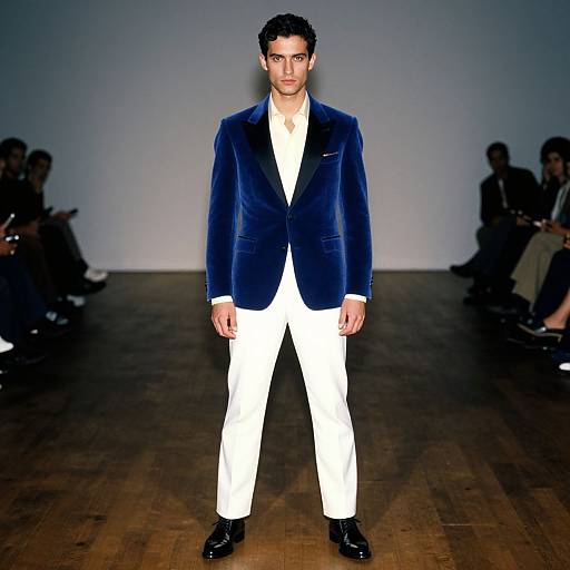 Photograph of a male model with short dark hair, wearing a navy velvet blazer, white shirt, white pants, and black shoes, standing on