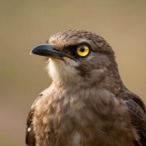 Close-up photograph of a brown hawk with striking yellow eyes and a sharp black beak, set against a blurred beige background.